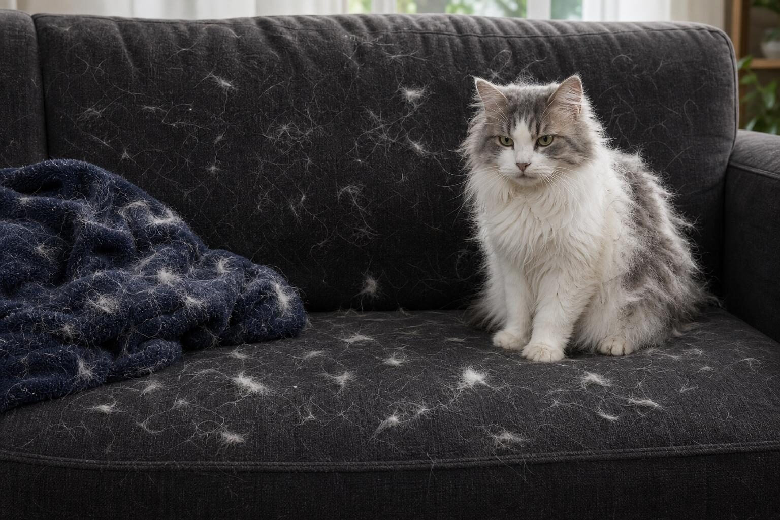 Sofá lleno de pelos de gato antes de usar el cepillo