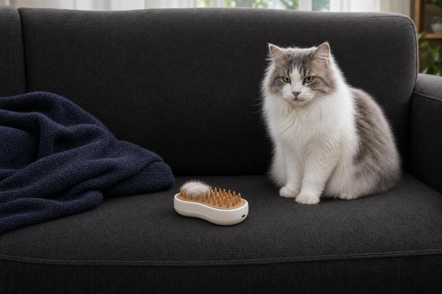 Sofá limpio y gato cepillado después de usar el cepillo de vapor