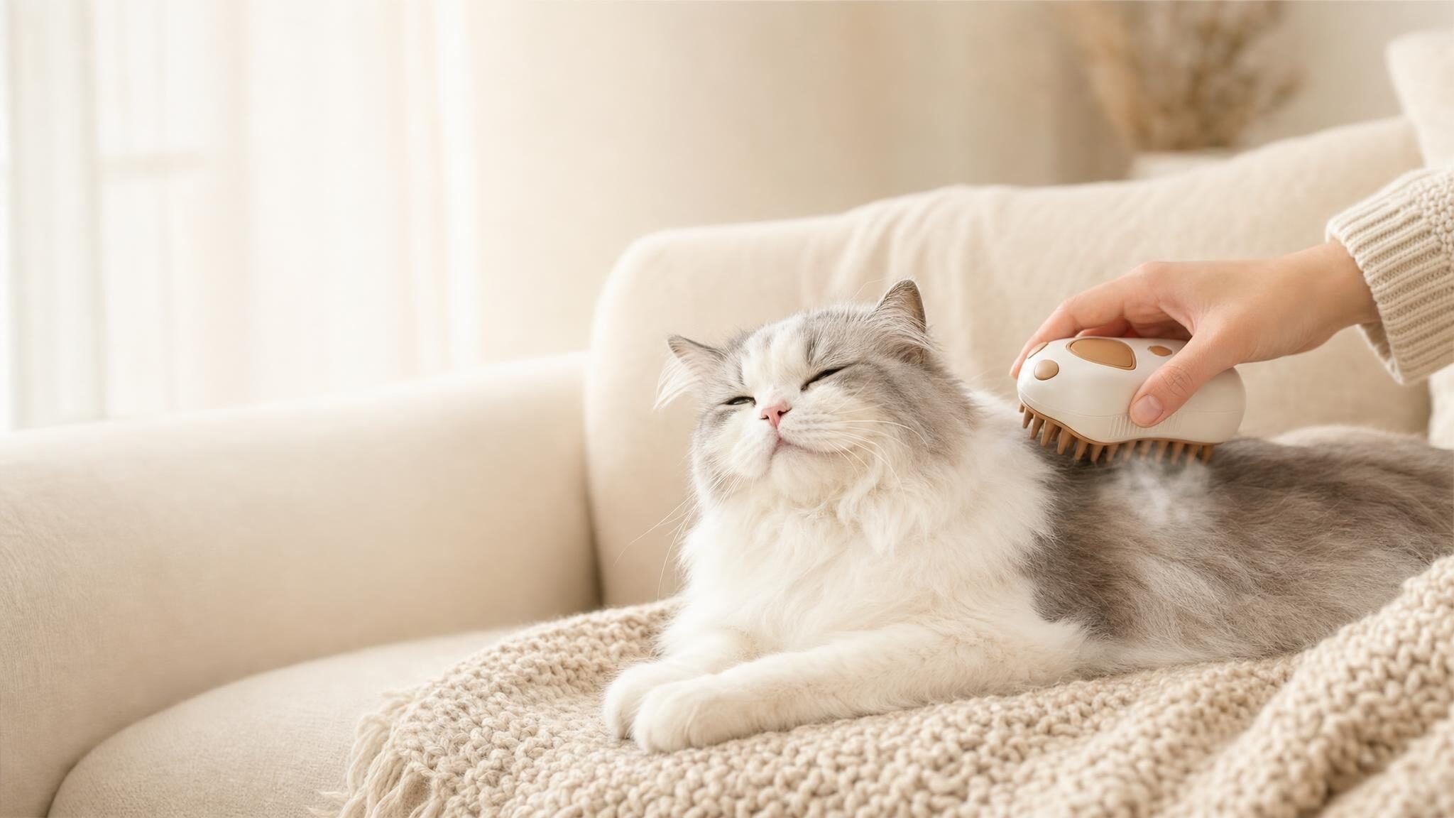 Gato relajado mientras lo cepillan con el cepillo de vapor
